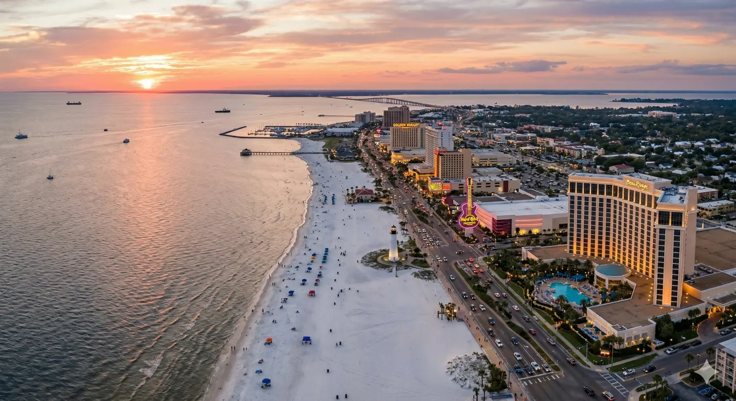 Biloxi Mississippi coastline at sunset — RapidShield Restoration service area covering Biloxi, Gulfport, and all Mississippi Gulf Coast communities